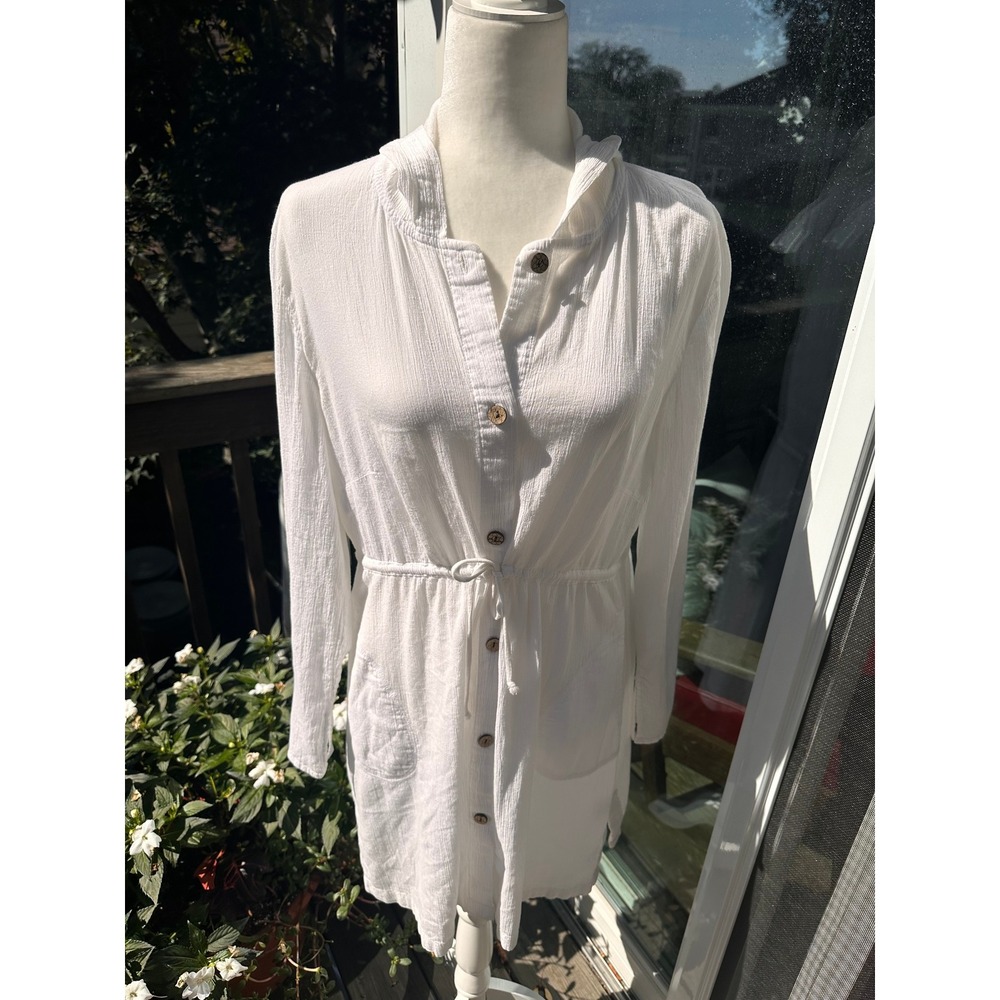 St. Johns Bay Swim White Cotton Gauze Hooded Beach Coverup Dress Large